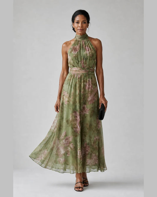 Etta-June Gathered Halter Midi Dress — full-body studio view
