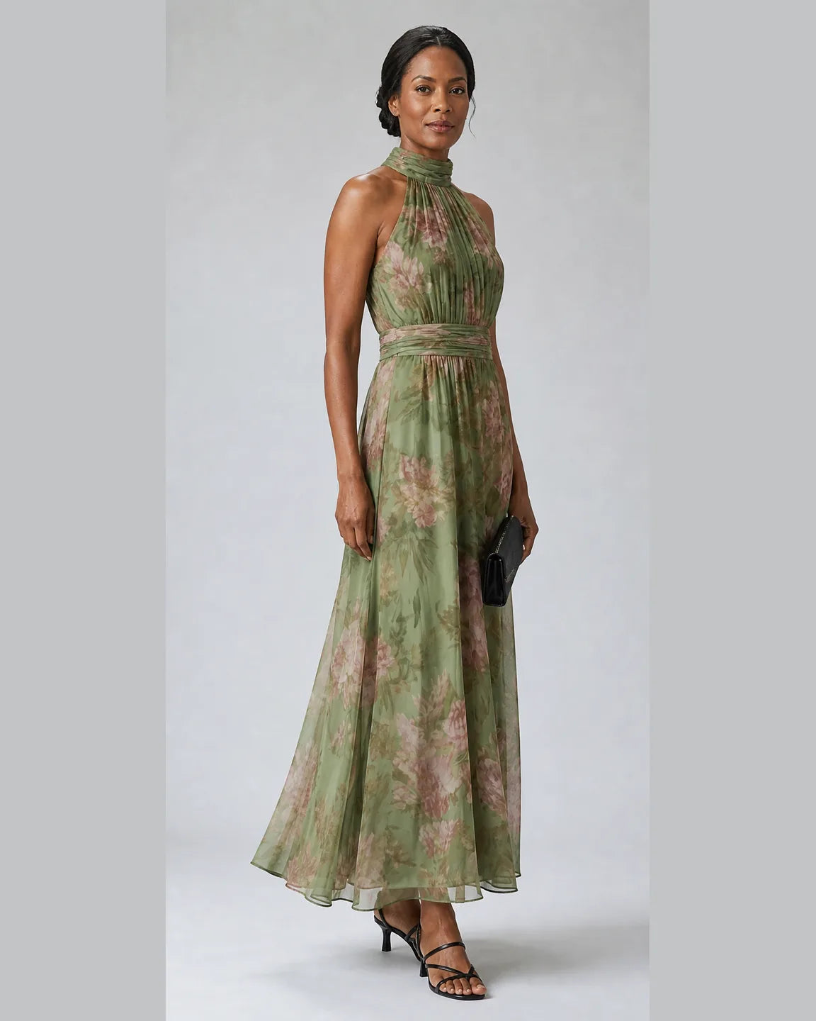 Etta-June Gathered Halter Midi Dress — three-quarter studio view