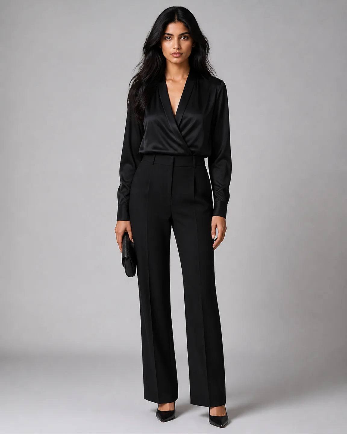 Etta-Pearl Elegant V-Neck Top in Black — full-body studio view