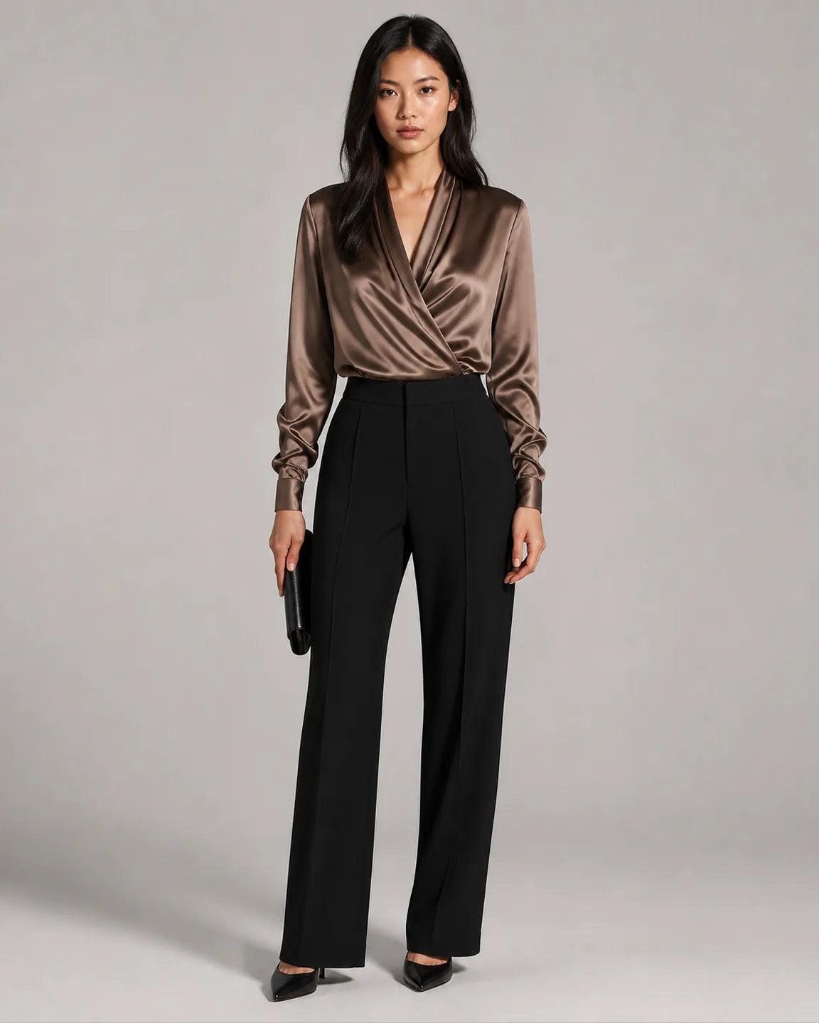 Etta-Pearl Elegant V-Neck Top in Coffee Brown — full-body studio view