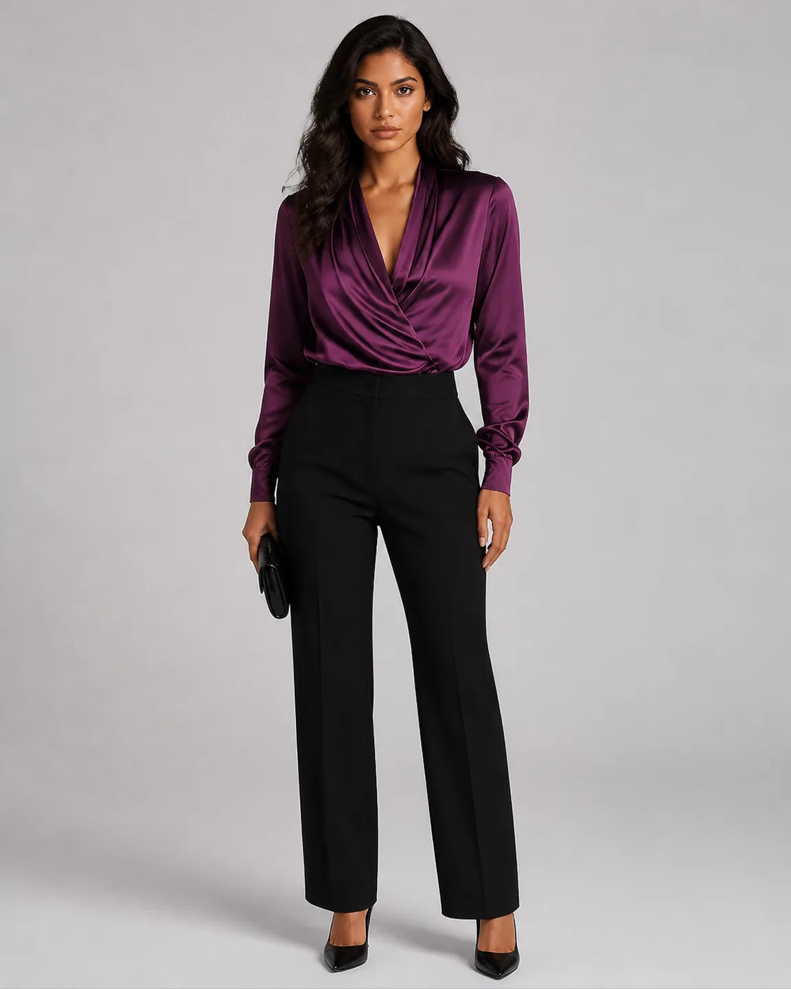 Etta-Pearl Elegant V-Neck Top in Purple — full-body studio view