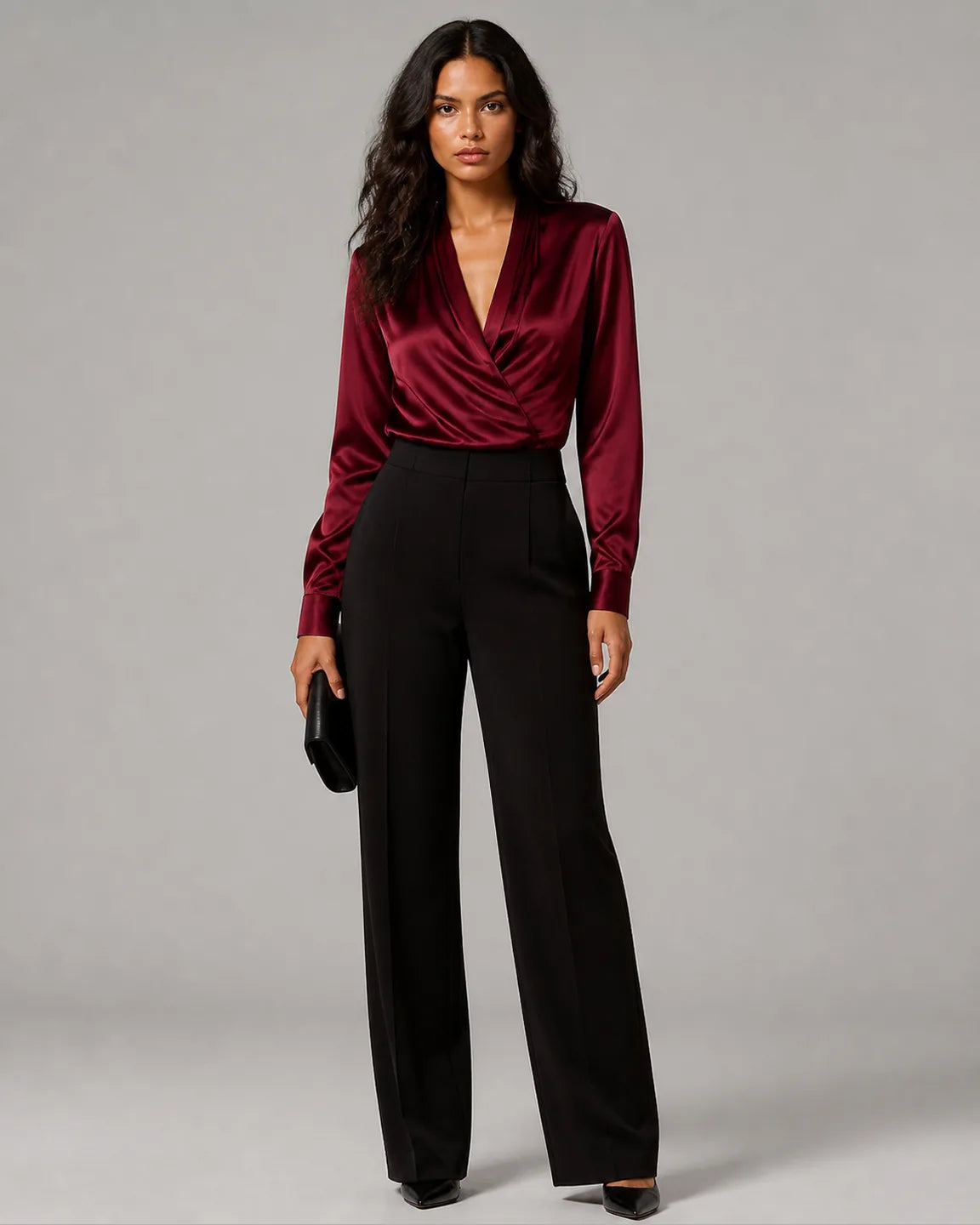 Etta-Pearl Elegant V-Neck Top in Red — full-body studio view
