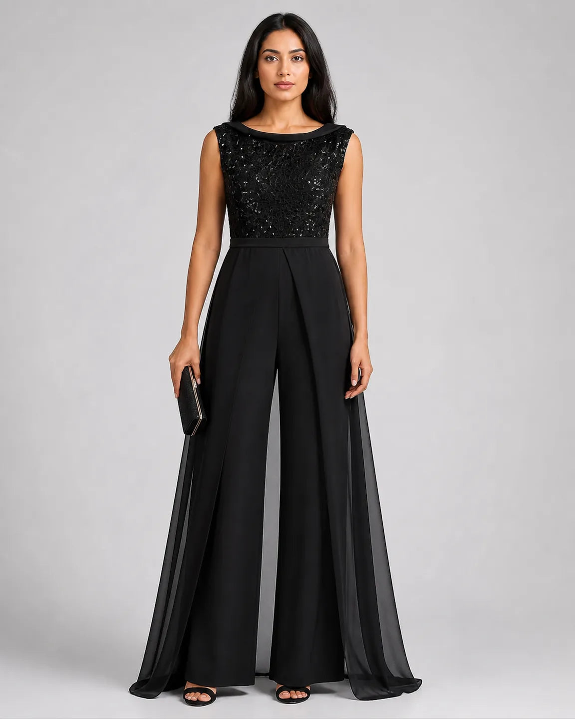 Eva-Belle Textured Tulle Jumpsuit — full-body studio view