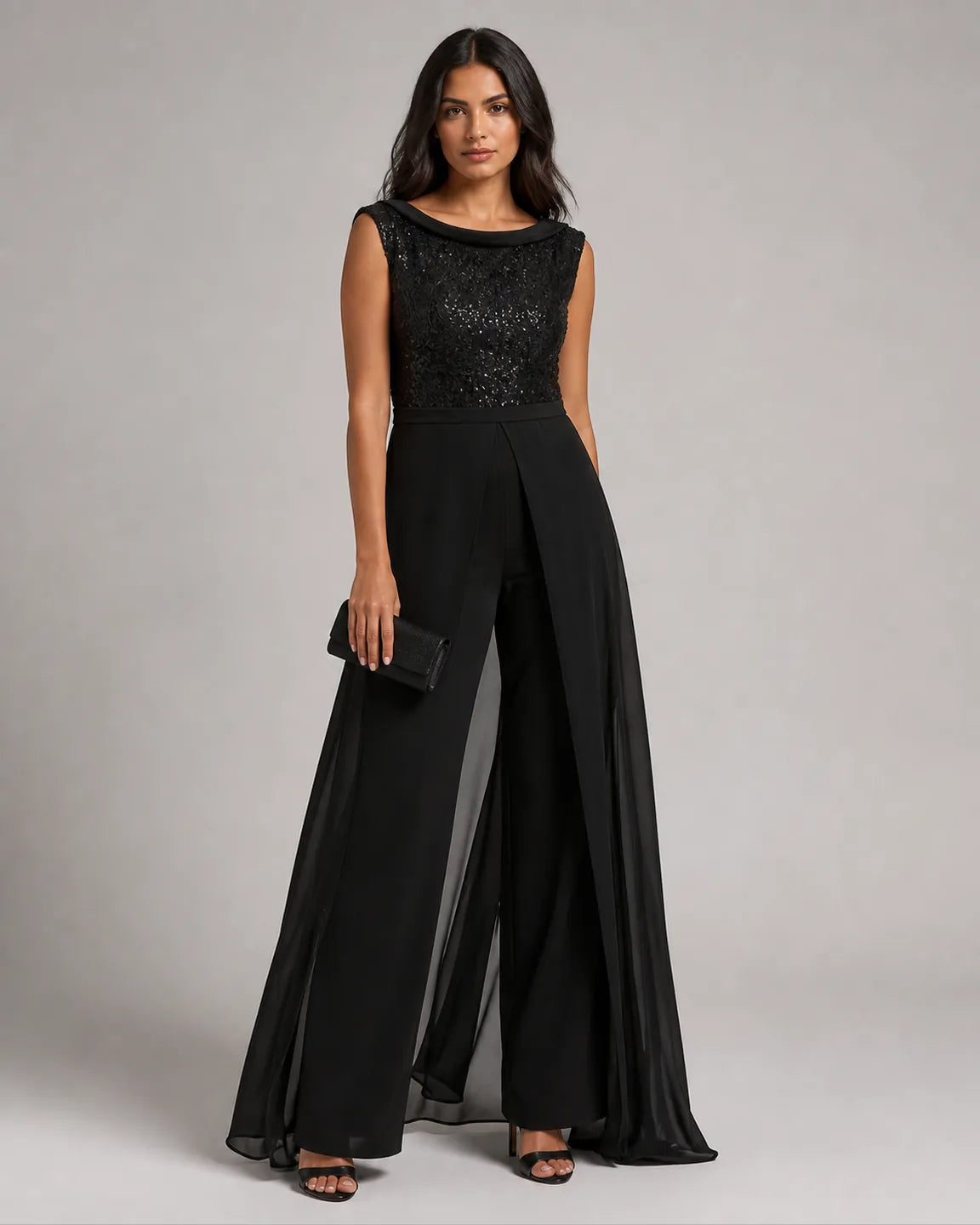 Eva-Belle Textured Tulle Jumpsuit — three-quarter studio view