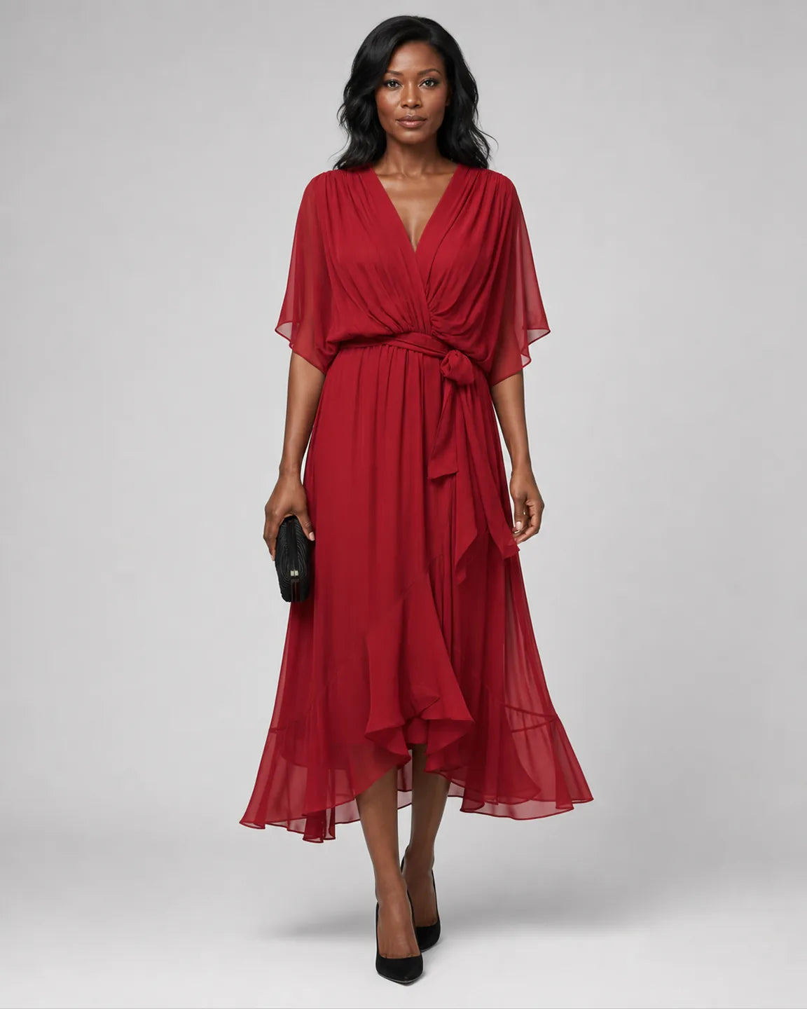 Eva-Grace Elegant Dress in Burgundy — full-body studio view