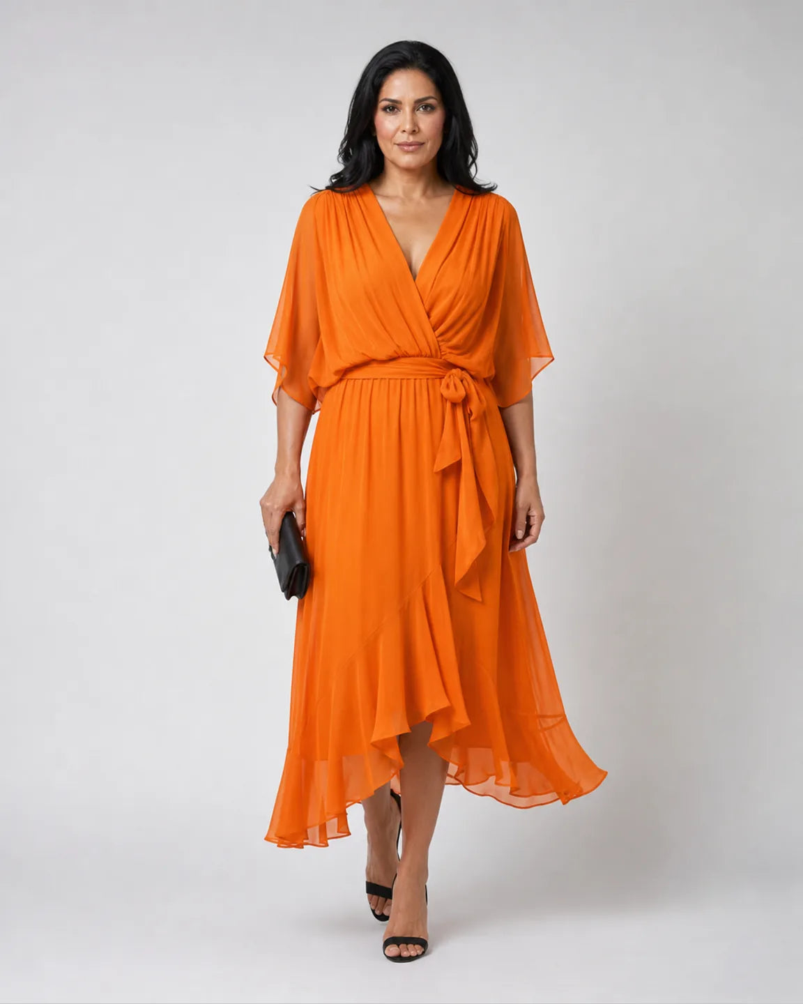 Eva-Grace Elegant Dress in Orange — full-body studio view