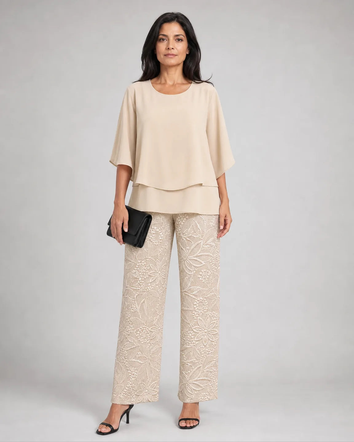 Eva-Jane Effortless Two-Piece Set in Khaki — full-body studio view