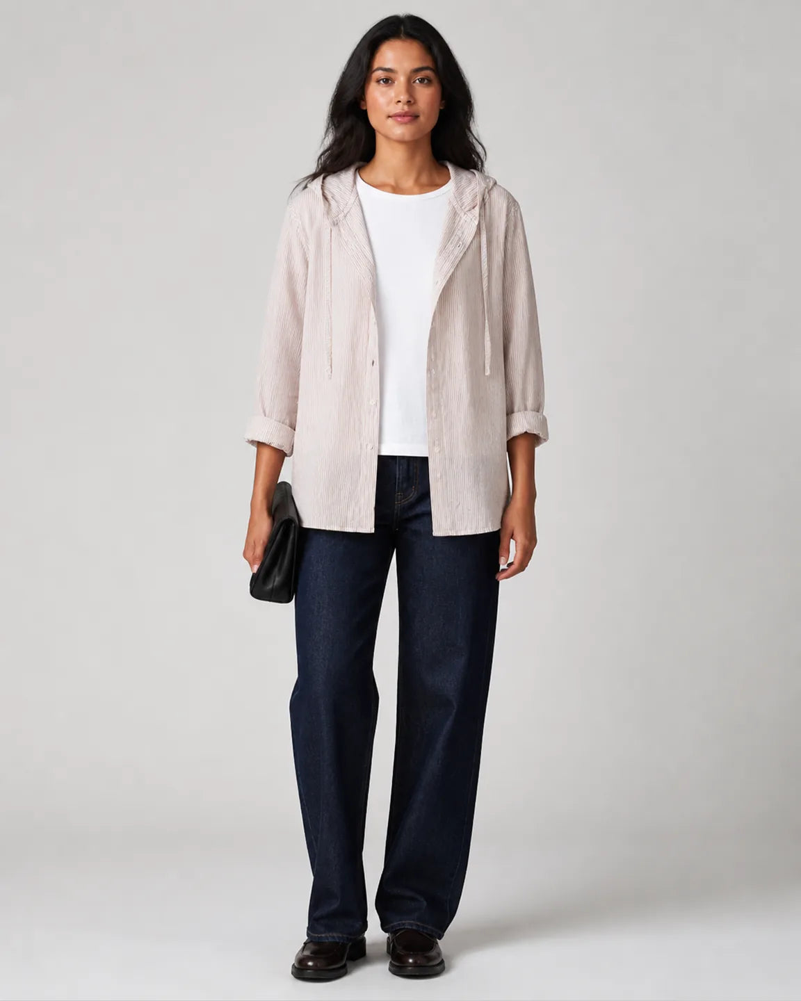 Eva-June Breathable hooded blouse in Beige — full-body studio view