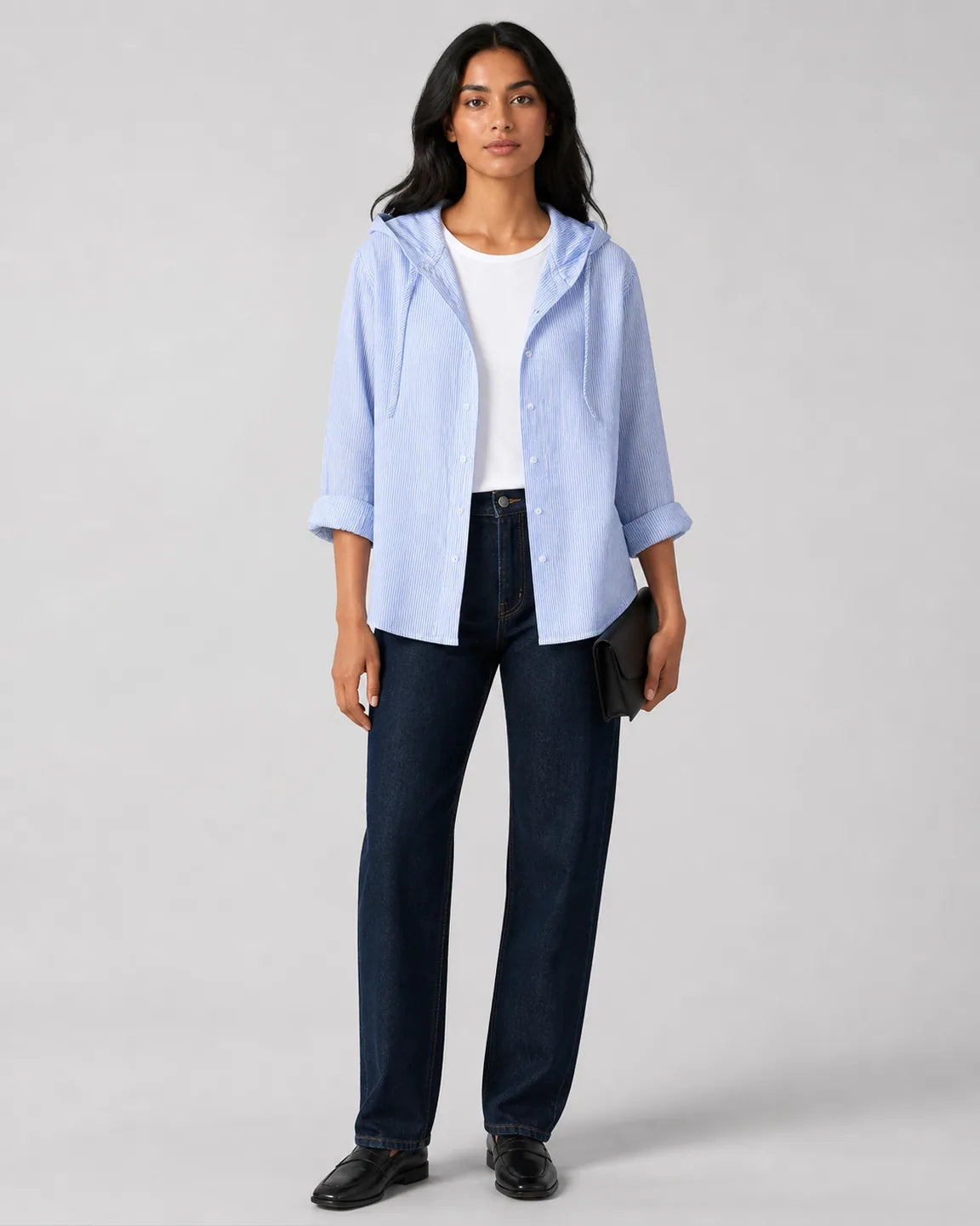 Eva-June Breathable hooded blouse in Blue — full-body studio view