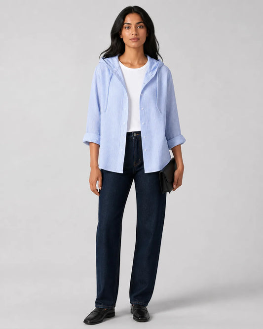 Eva-June Breathable hooded blouse in Blue — full-body studio view
