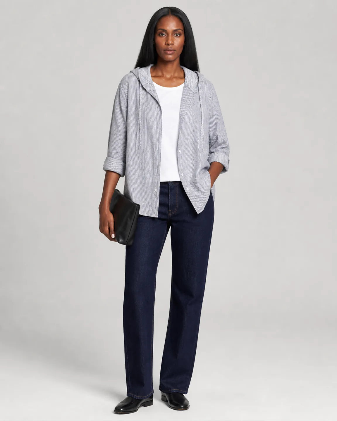 Eva-June Breathable hooded blouse in Gray — full-body studio view