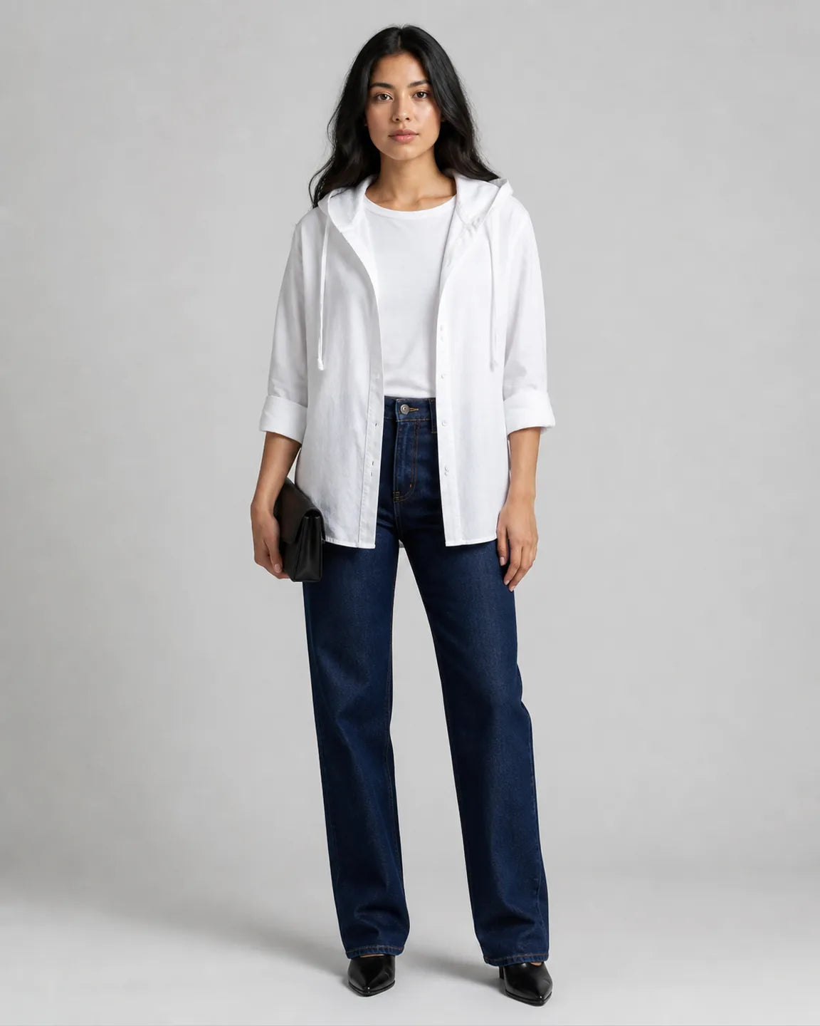 Eva-June Breathable hooded blouse in White — full-body studio view