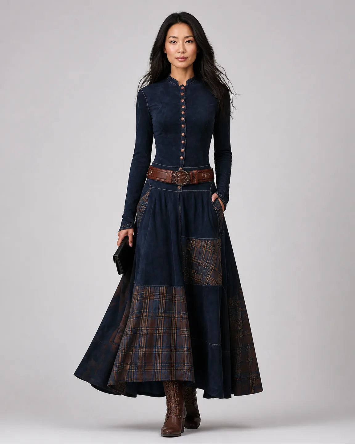 Eva-Mae Suede Maxi Dress + Free Belt in Blue — full-body studio view
