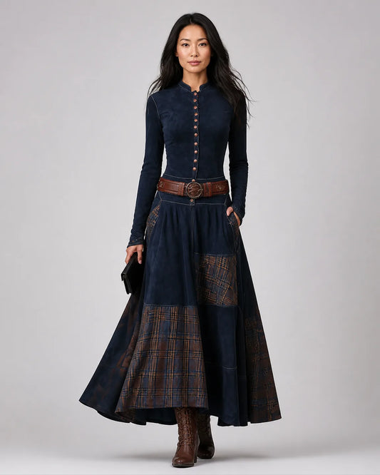 Eva-Mae Suede Maxi Dress + Free Belt in Blue — full-body studio view