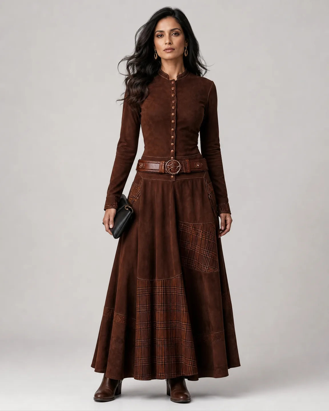 Eva-Mae Suede Maxi Dress + Free Belt in Brown — full-body studio view