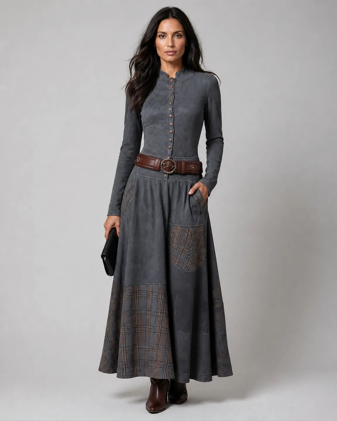 Eva-Mae Suede Maxi Dress + Free Belt in Gray — full-body studio view