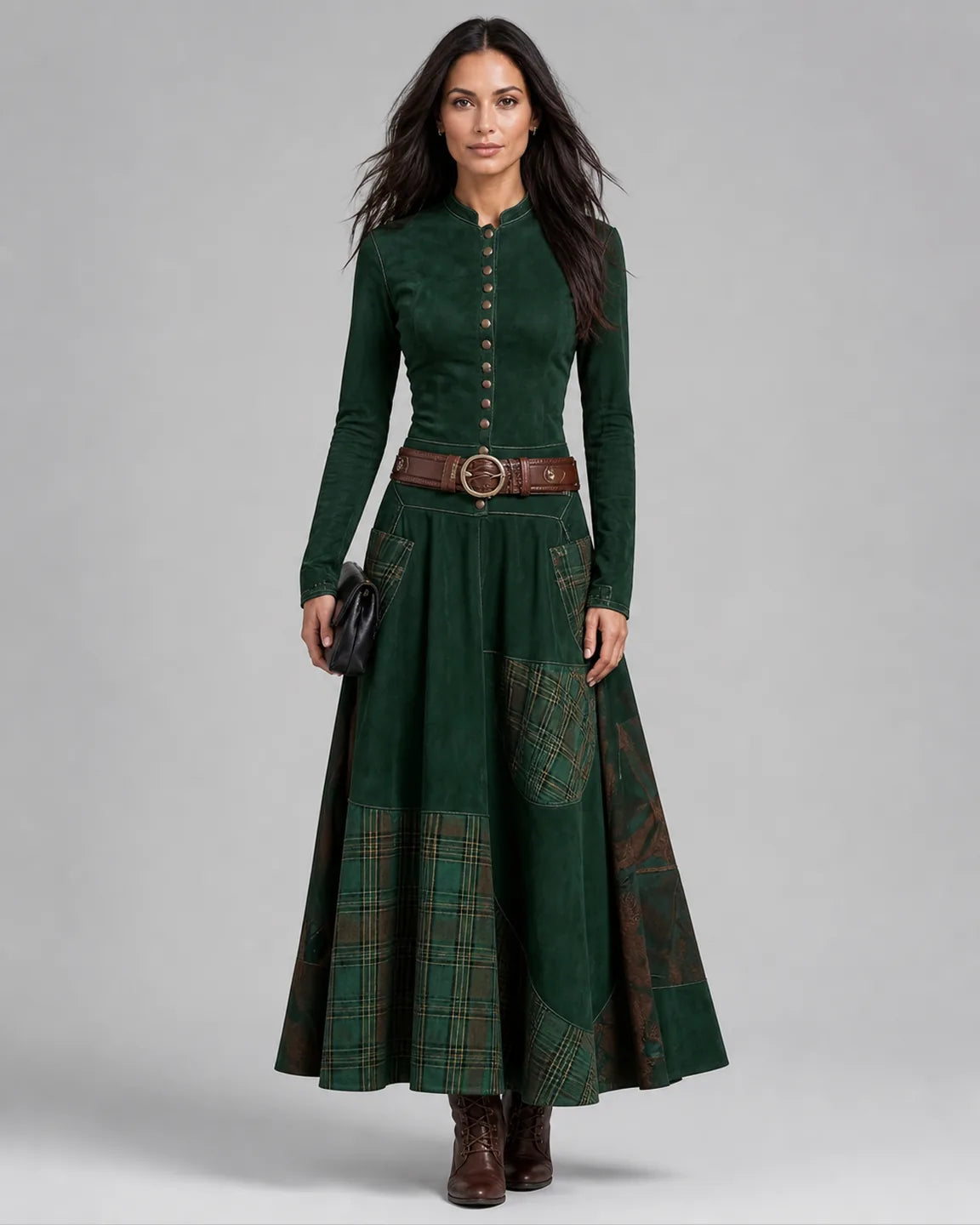 Eva-Mae Suede Maxi Dress + Free Belt in Green — full-body studio view
