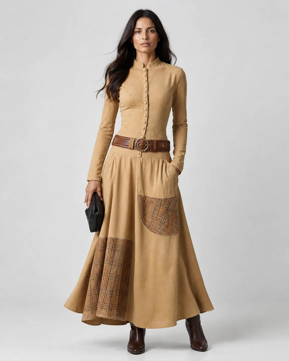 Eva-Mae Suede Maxi Dress + Free Belt in Khaki — full-body studio view