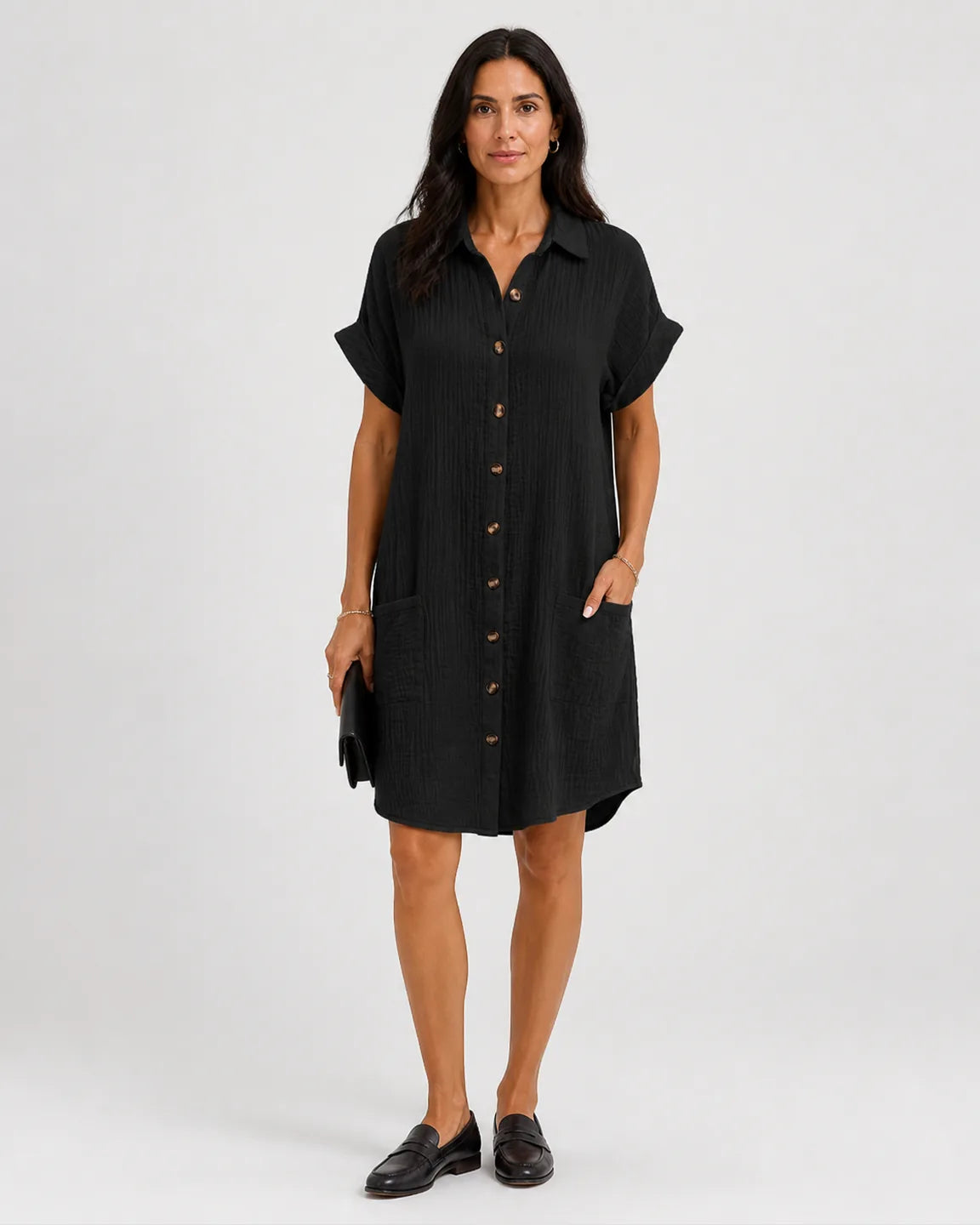 Eva-Pearl Relaxed Fit Dress in Black — full-body studio view