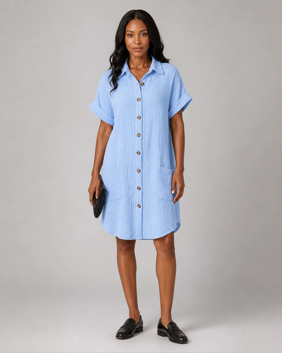 Eva-Pearl Relaxed Fit Dress in Blue — full-body studio view