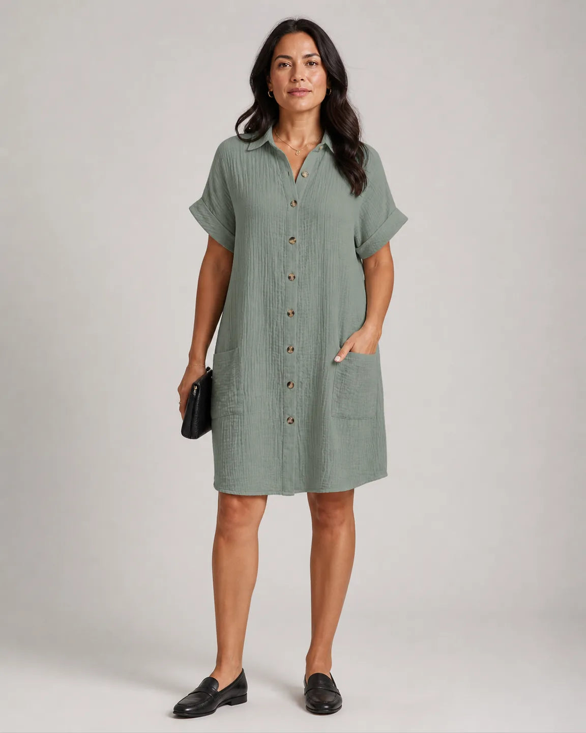 Eva-Pearl Relaxed Fit Dress in Green — full-body studio view