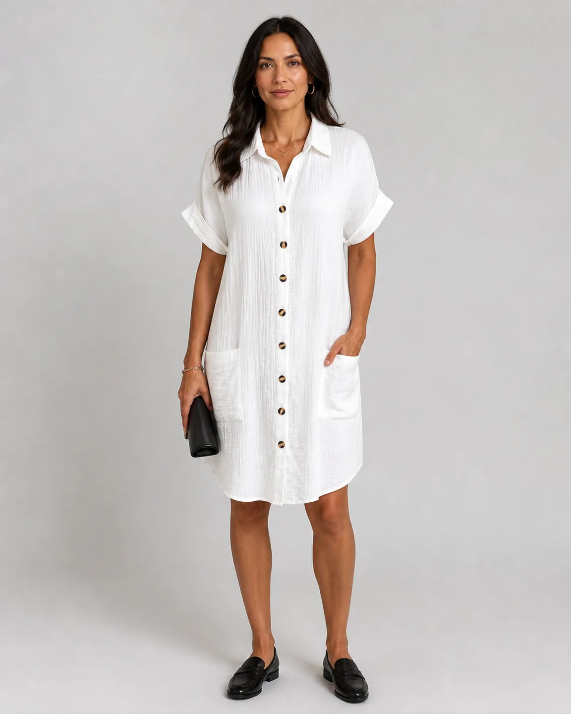 Eva-Pearl Relaxed Fit Dress in White — full-body studio view