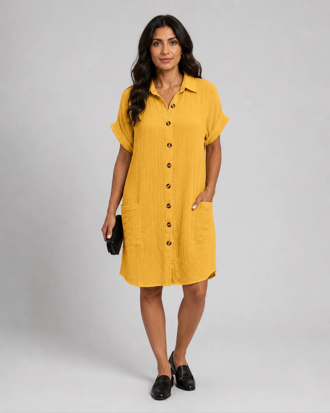 Eva-Pearl Relaxed Fit Dress in Yellow — full-body studio view