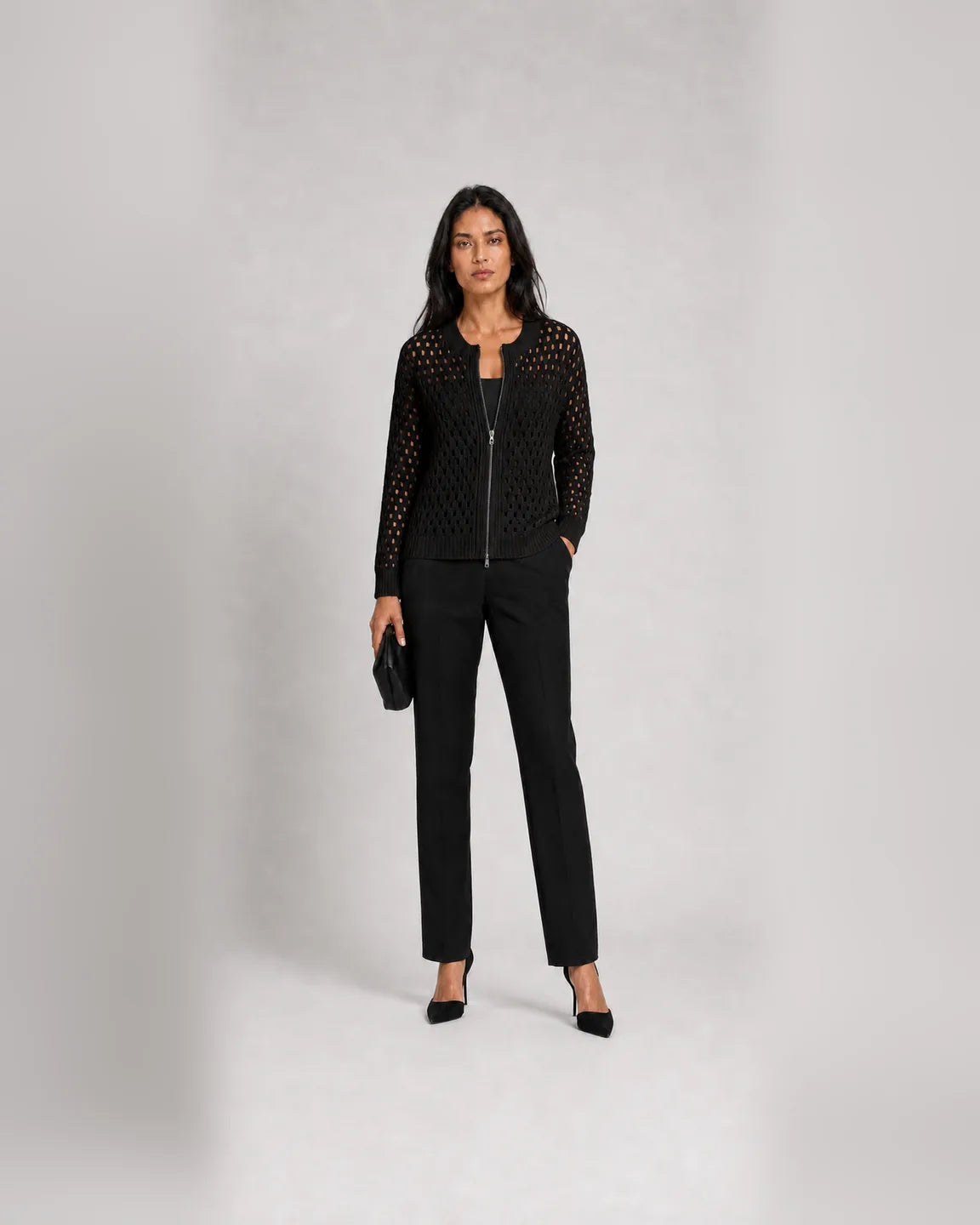 Faye-Faye™ Premium Knitted Cardigan in Black - full body studio front view