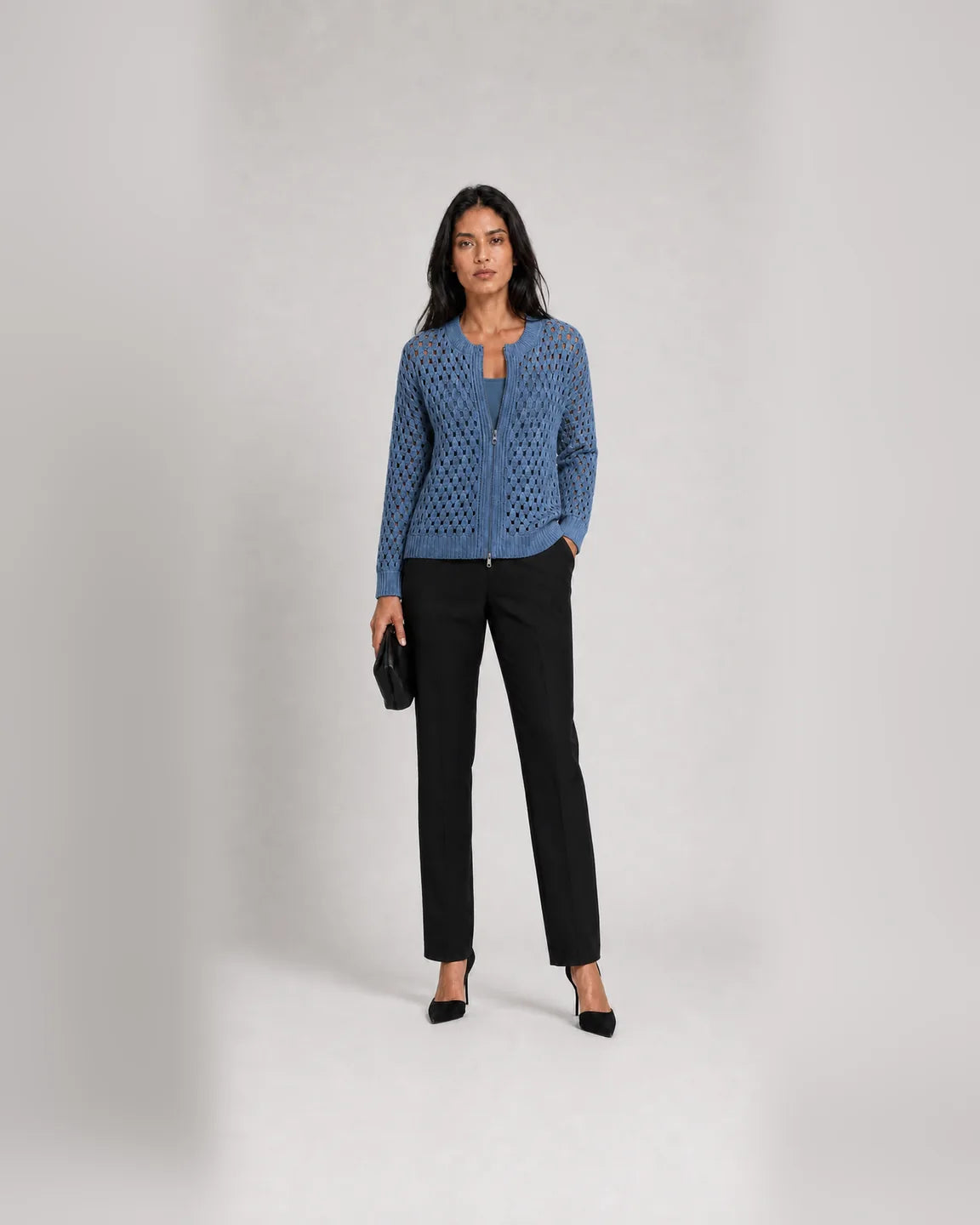 Faye-Faye™ Premium Knitted Cardigan in Blue - full body studio front view
