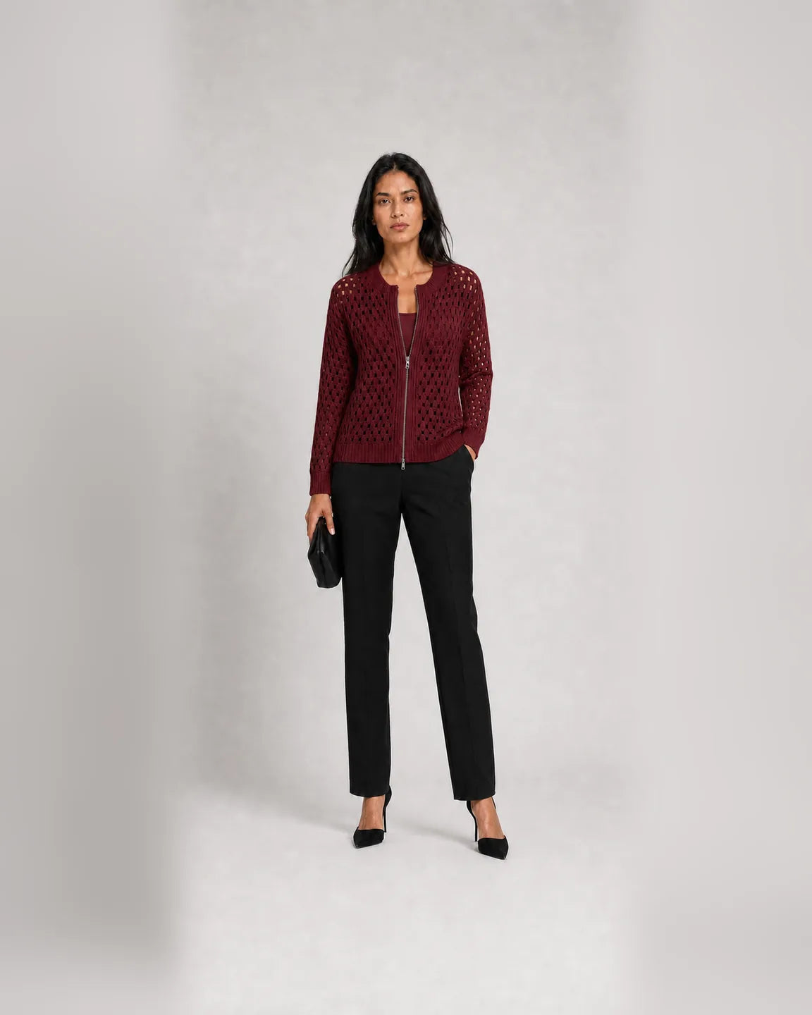 Faye-Faye™ Premium Knitted Cardigan in Burgundy - full body studio front view