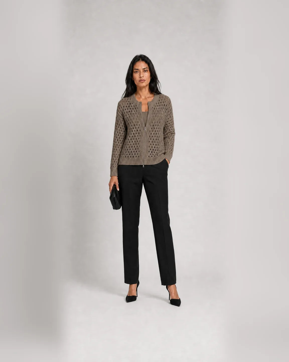 Faye-Faye™ Premium Knitted Cardigan in Khaki - full body studio front view
