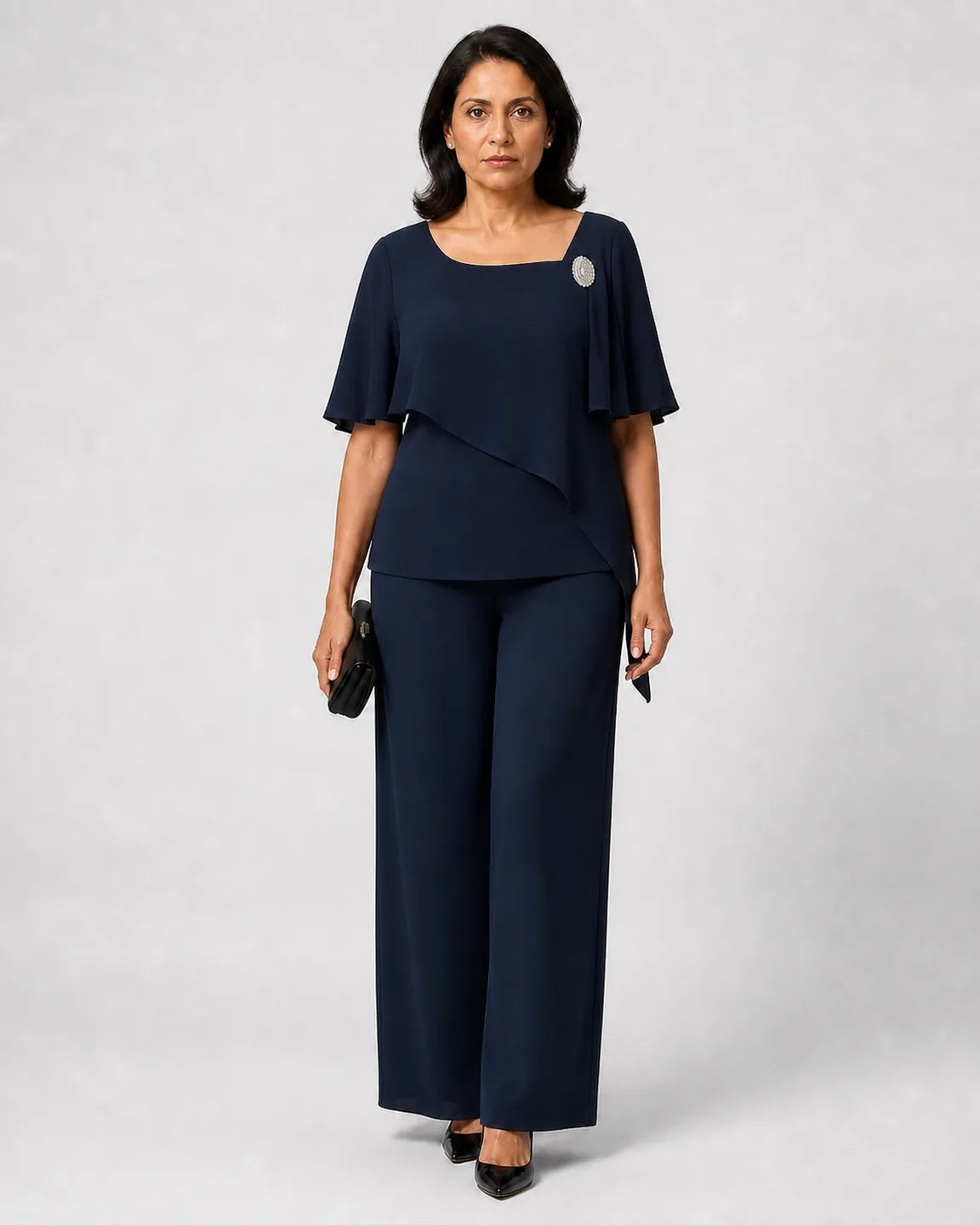 Faye-Grace Elegant Two-Piece Set in Navy Blue — full-body studio view