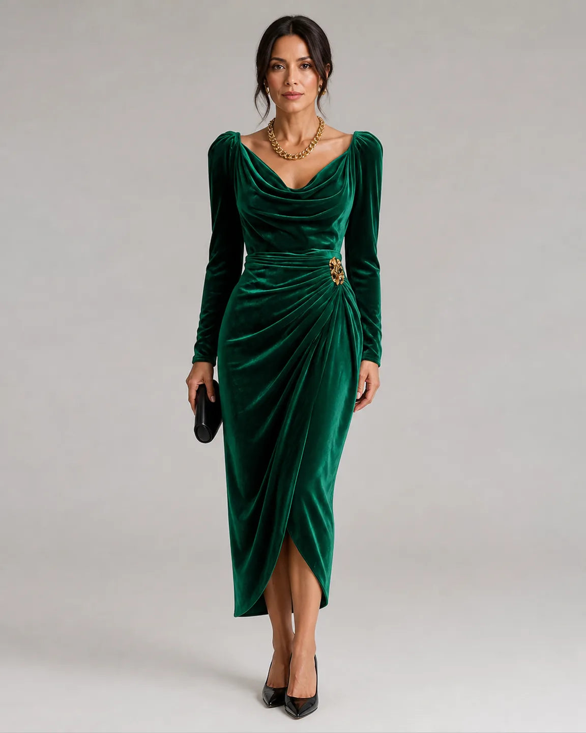 Faye-June Elegant Dress in Green — full-body studio view