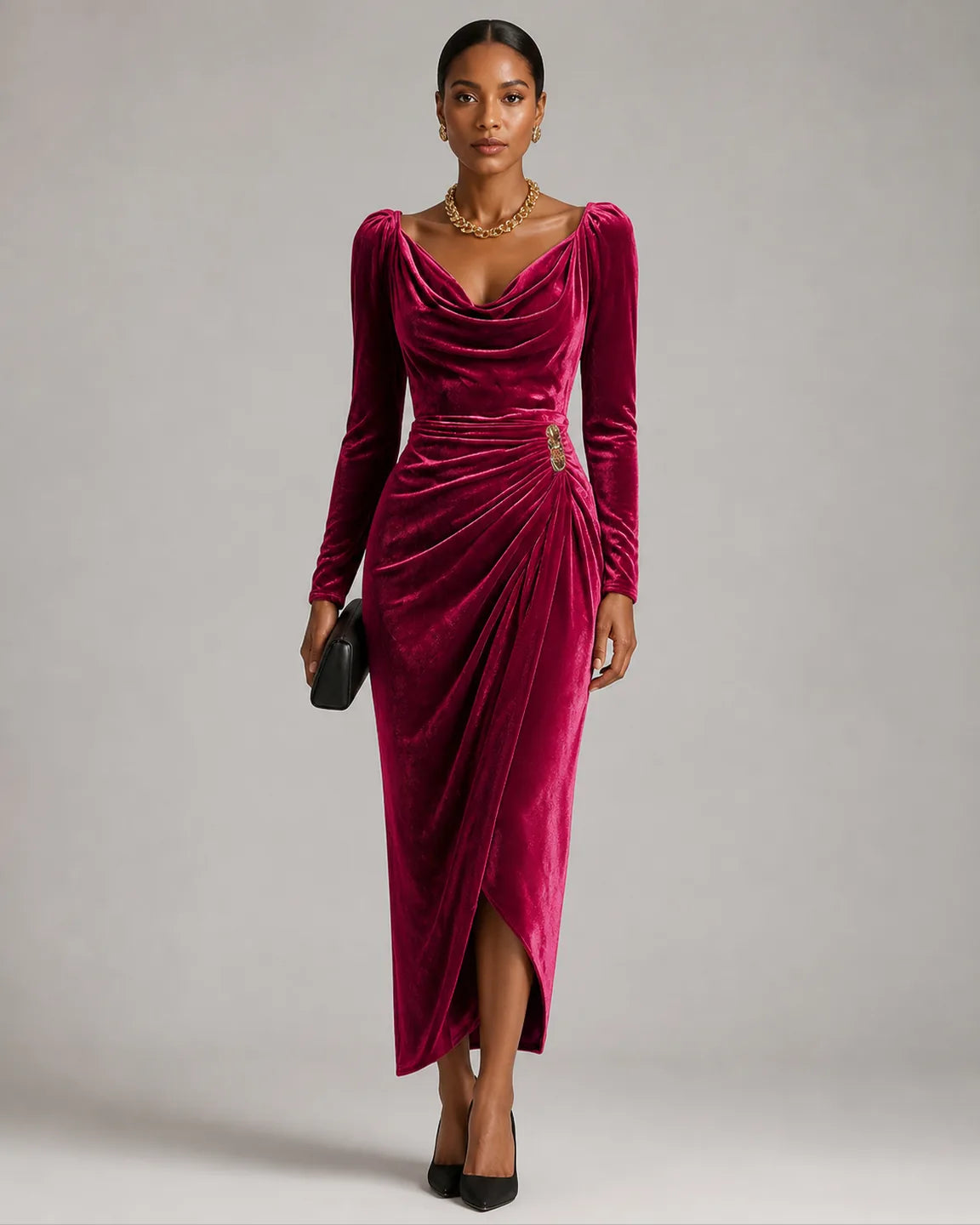 Faye-June Elegant Dress in Pink Red — full-body studio view