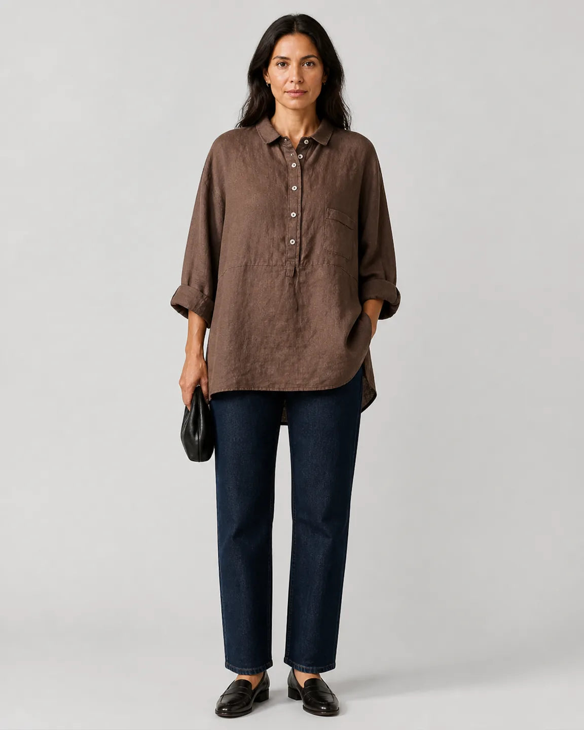 Faye-Mae Timeless Breathable blouse in Brown — full-body studio view