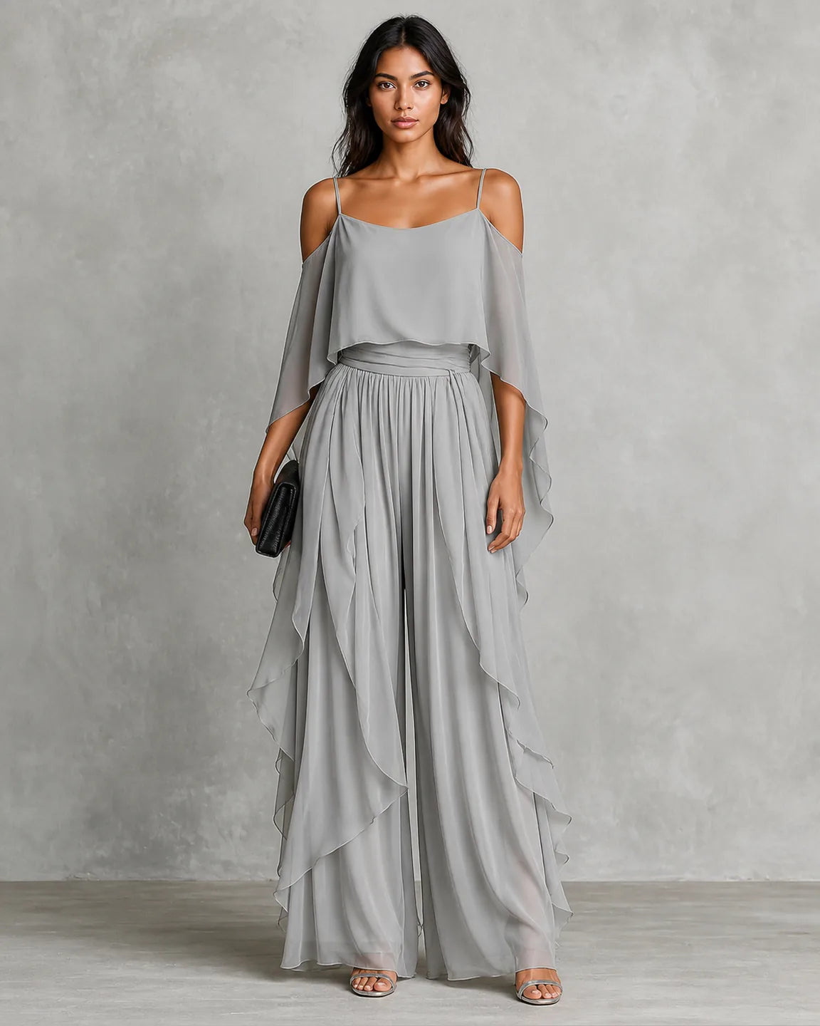 Faye-Pearl Off-Shoulder Flowy Set — full-body studio view