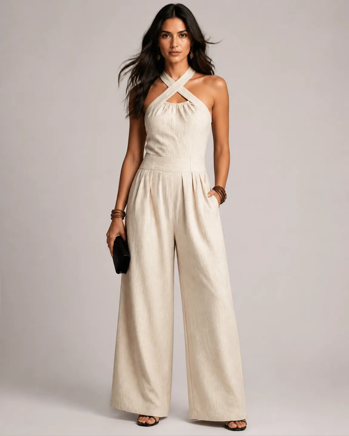 Faye-Rose Elegant Jumpsuit in Beige — full-body studio view