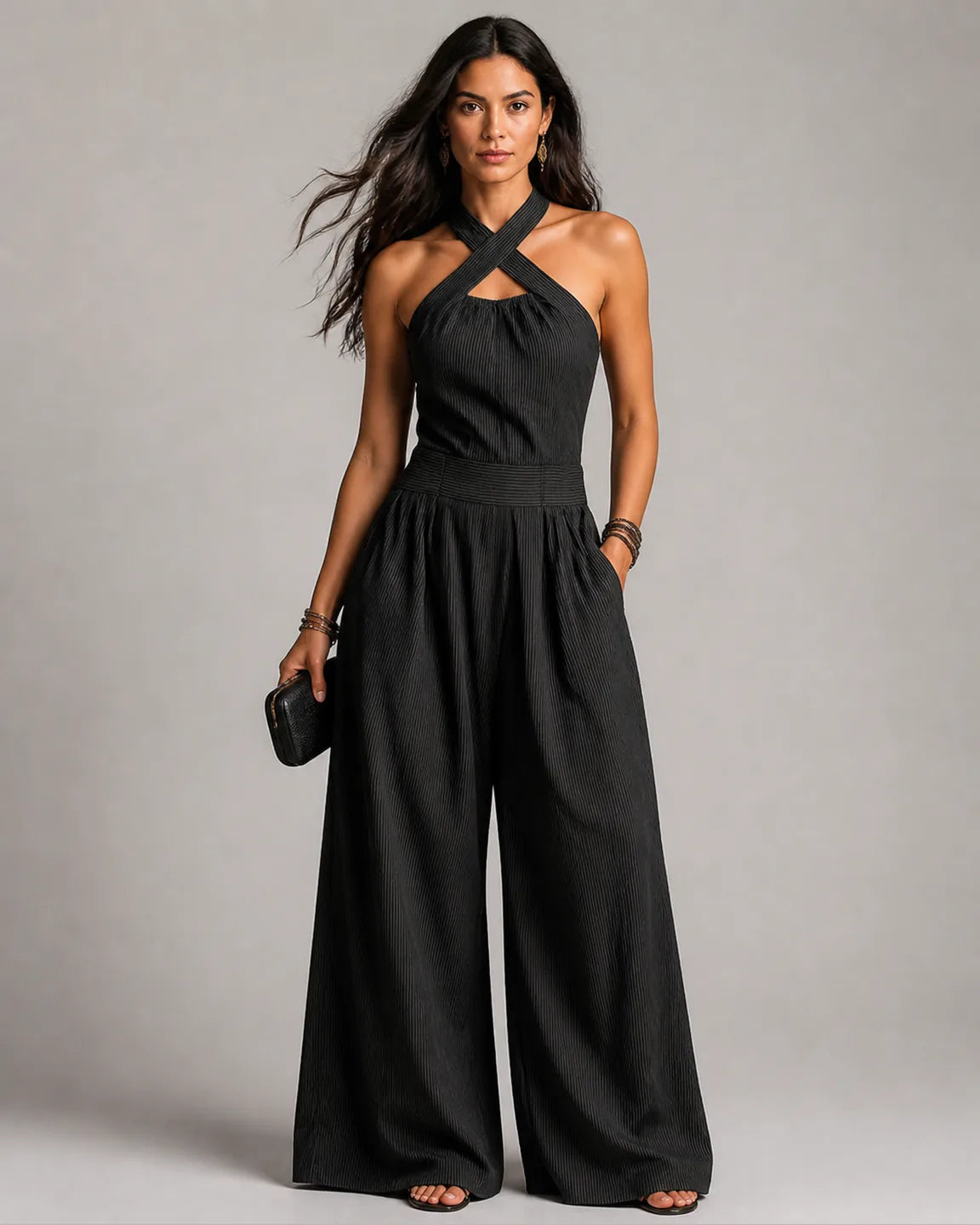 Faye-Rose Elegant Jumpsuit in Black — full-body studio view