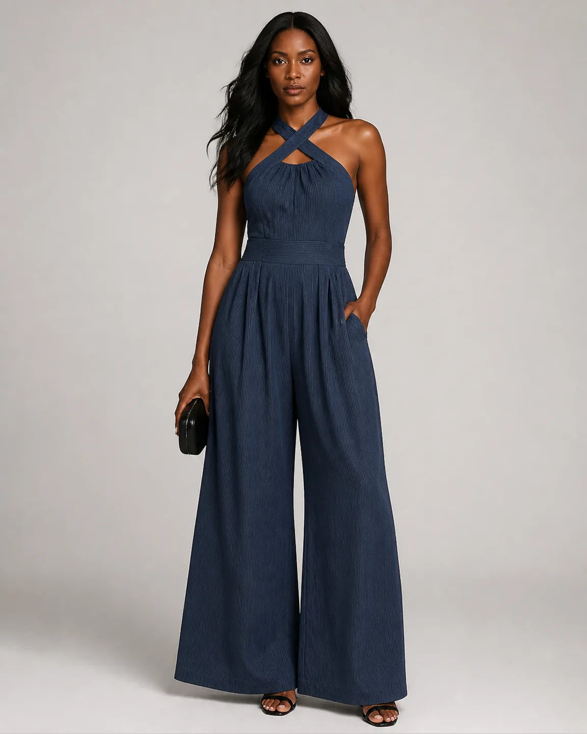 Faye-Rose Elegant Jumpsuit in Navy Blue — full-body studio view