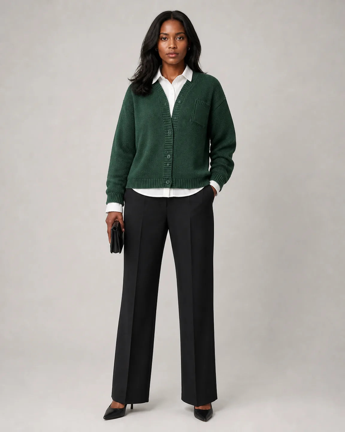 Florence Cozy Knit Cardigan in Green — full-body studio view