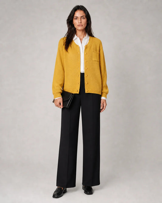 Florence Cozy Knit Cardigan in Yellow — full-body studio view