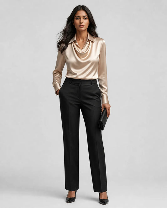 Gwen-Grace Elegant Satin Blouse in Beige — full-body studio view