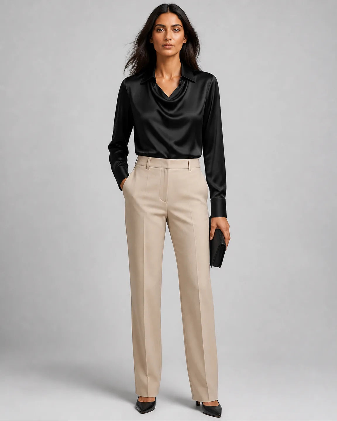 Gwen-Grace Elegant Satin Blouse in Black — full-body studio view