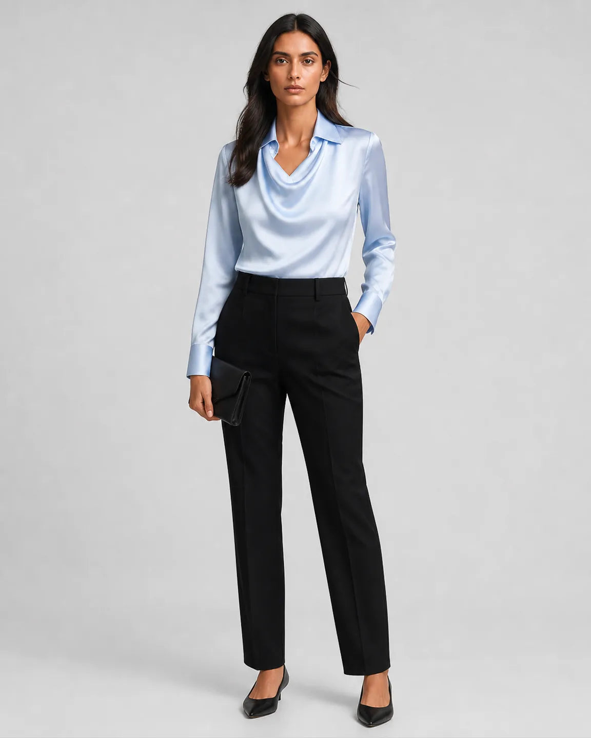 Gwen-Grace Elegant Satin Blouse in Blue — full-body studio view