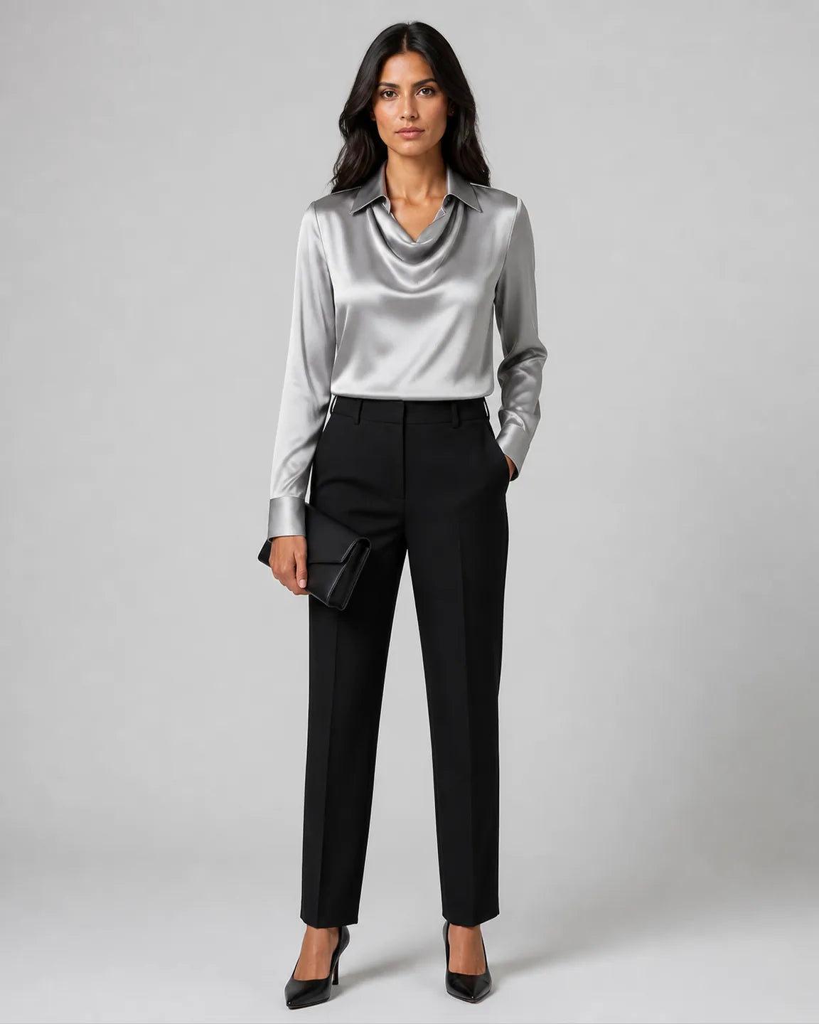 Gwen-Grace Elegant Satin Blouse in Gray — full-body studio view