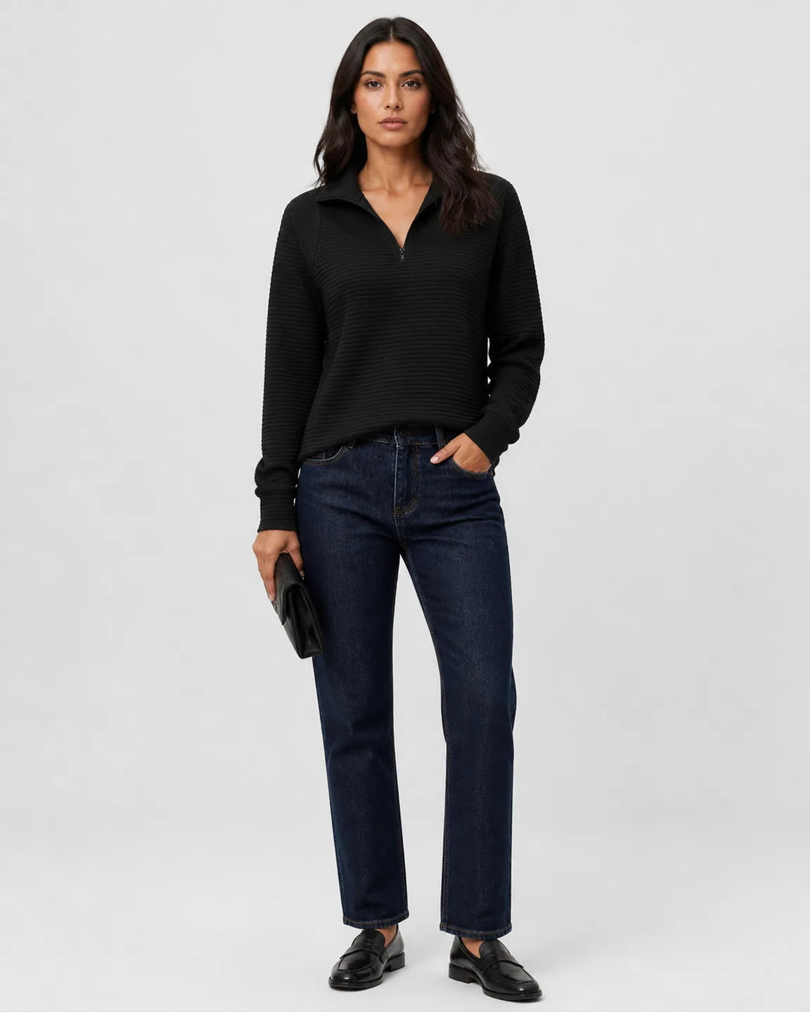 Gwen-June Half-Zip Pullover in Black — full-body studio view