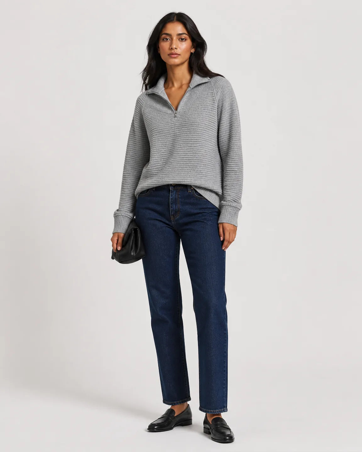 Gwen-June Half-Zip Pullover in Gray — full-body studio view