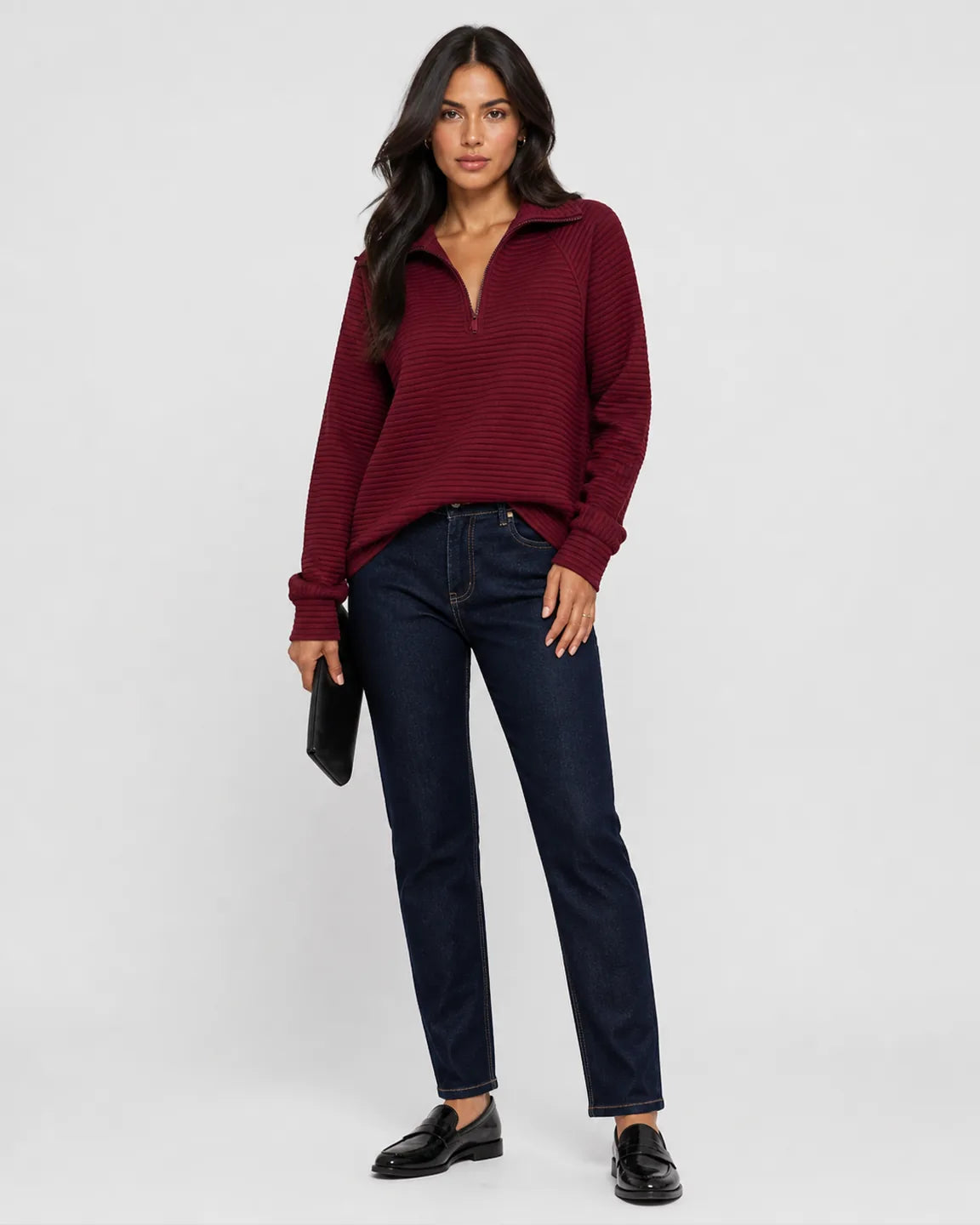 Gwen-June Half-Zip Pullover in Red — full-body studio view