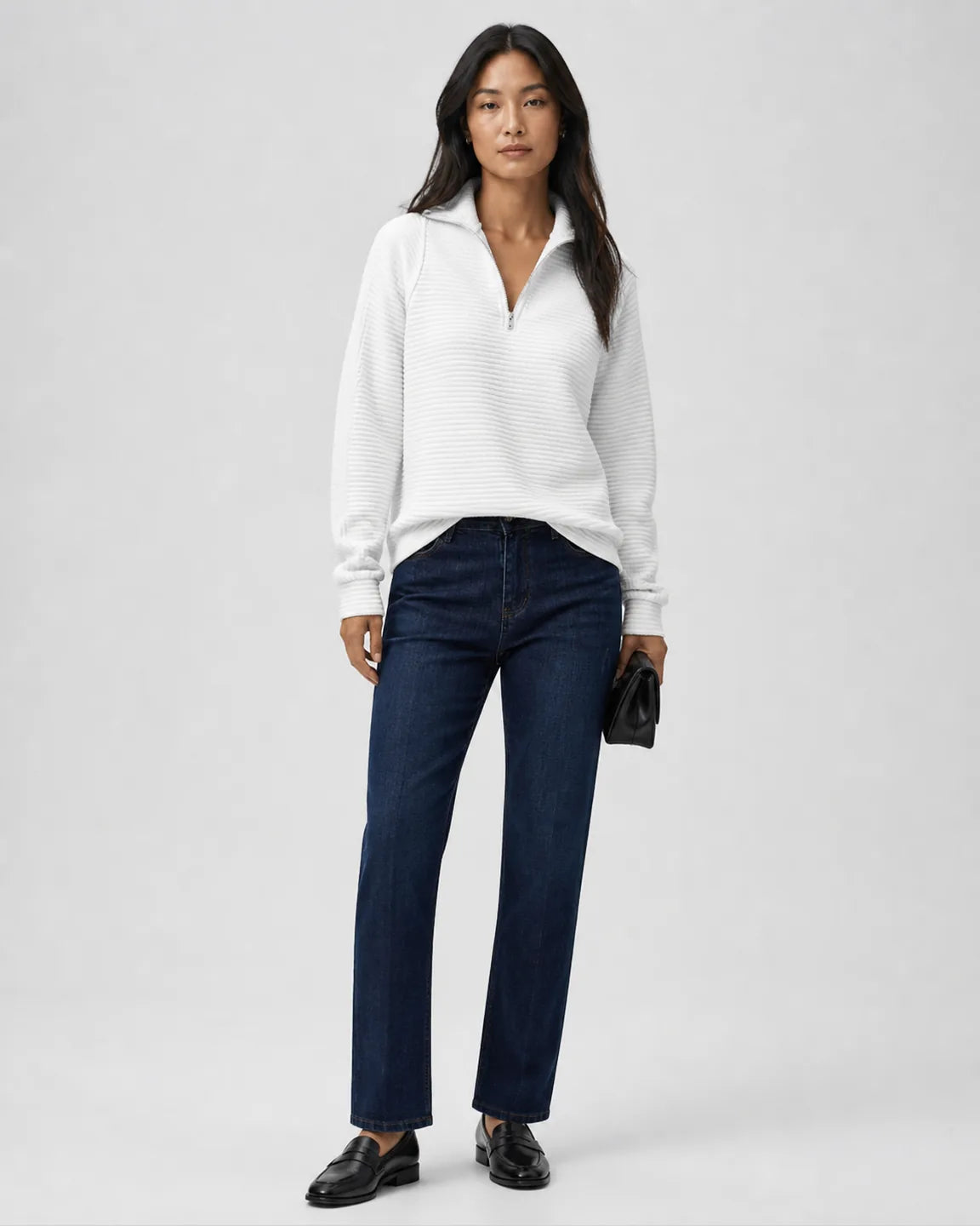 Gwen-June Half-Zip Pullover in White — full-body studio view