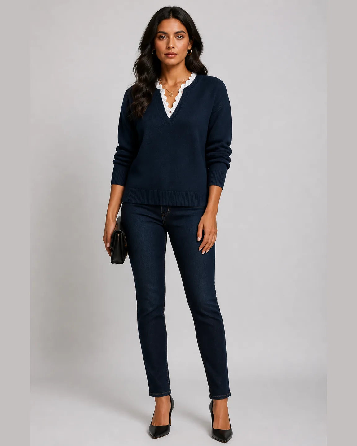 Gwen-Mae Elegant V-Neck Jumper in Dark Blue — full-body studio view